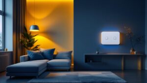 A photograph of a modern living room featuring a stylish dimmable led switch with a remote