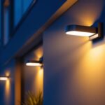 A photograph of a modern outdoor setting illuminated by stylish auto security lights