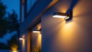 A photograph of a modern outdoor setting illuminated by stylish auto security lights