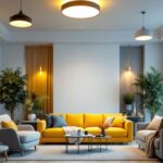 A photograph of a stylish living room featuring a variety of ceiling light fixtures
