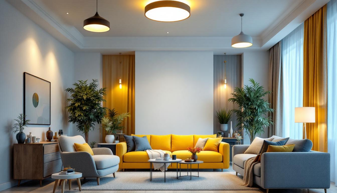 A photograph of a stylish living room featuring a variety of ceiling light fixtures