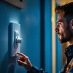 A photograph of a lighting contractor inspecting a modern locking wall outlet in a well-lit residential setting