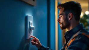 A photograph of a lighting contractor inspecting a modern locking wall outlet in a well-lit residential setting