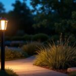 A photograph of a sleek black outdoor lamp post illuminated at dusk