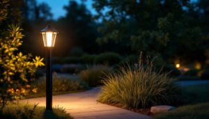 A photograph of a sleek black outdoor lamp post illuminated at dusk