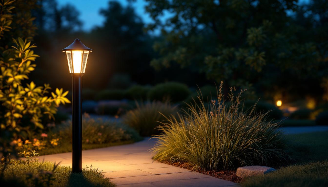 A photograph of a sleek black outdoor lamp post illuminated at dusk