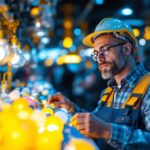 A photograph of a lighting contractor examining a selection of various light bulbs at a vendor's display