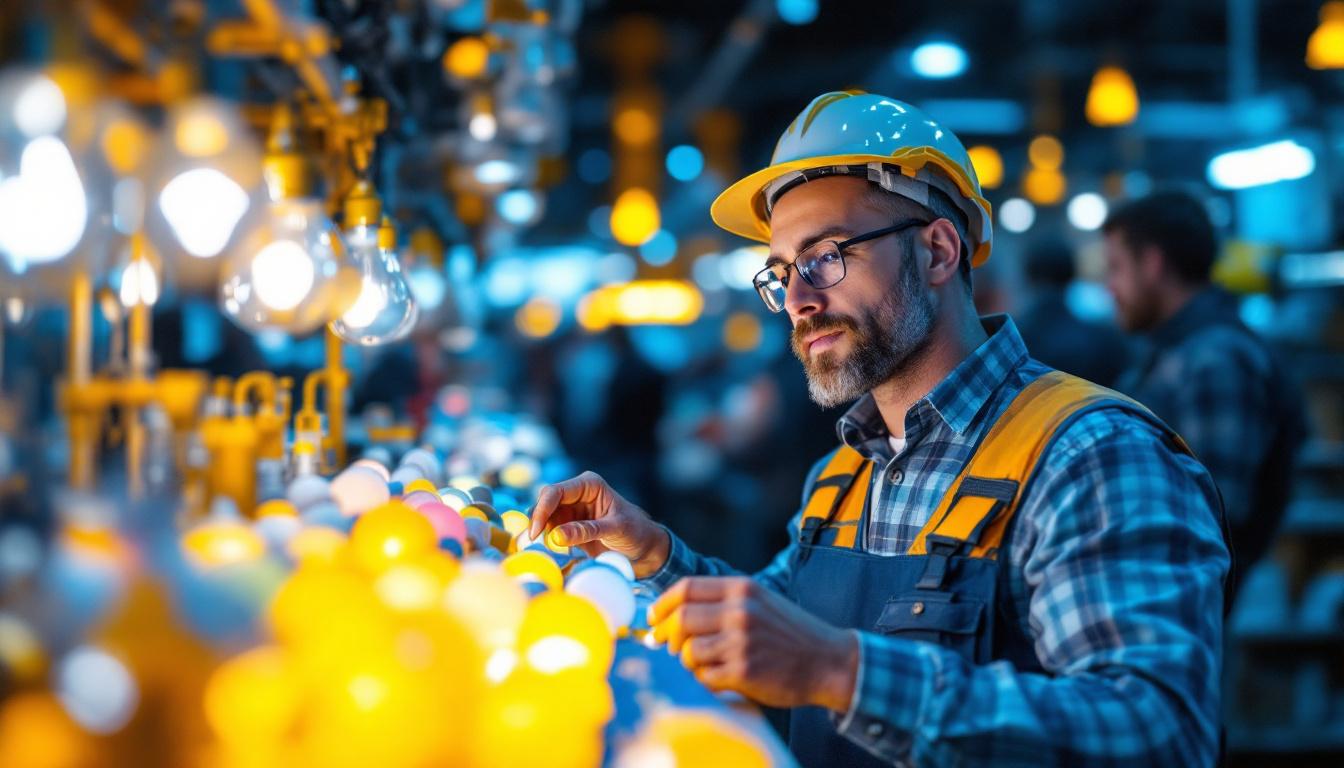 A photograph of a lighting contractor examining a selection of various light bulbs at a vendor's display