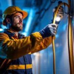 A photograph of a skilled electrician or technician using a durable cable pulling rope to install or upgrade lighting fixtures in a modern