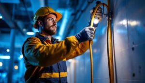 A photograph of a skilled electrician or technician using a durable cable pulling rope to install or upgrade lighting fixtures in a modern