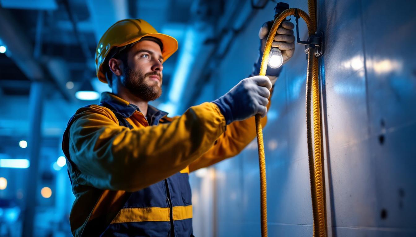 A photograph of a skilled electrician or technician using a durable cable pulling rope to install or upgrade lighting fixtures in a modern