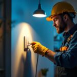 A photograph of a skilled lighting contractor demonstrating the installation of light plug covers in a well-lit