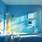 A photograph of a well-lit hospital room featuring a comfortable bed
