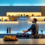 A photograph of a well-lit kitchen showcasing sleek led cabinet lights illuminating the interior of the cabinets