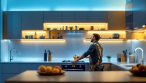 A photograph of a well-lit kitchen showcasing sleek led cabinet lights illuminating the interior of the cabinets