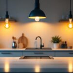 A photograph of a well-lit kitchen showcasing various types of light bulbs in use