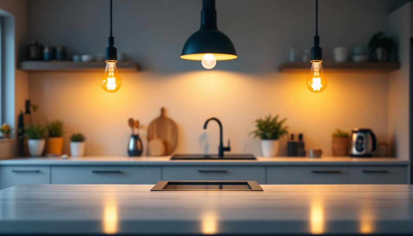 A photograph of a well-lit kitchen showcasing various types of light bulbs in use