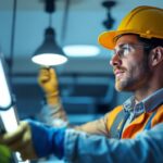 A photograph of a lighting contractor installing a modern led fixture in a commercial space