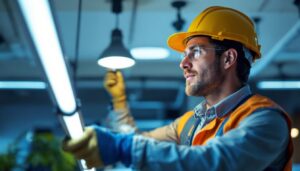 A photograph of a lighting contractor installing a modern led fixture in a commercial space
