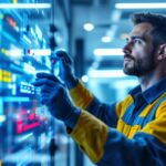 A photograph of a lighting contractor intently adjusting a sophisticated commercial lighting control system in a modern office space