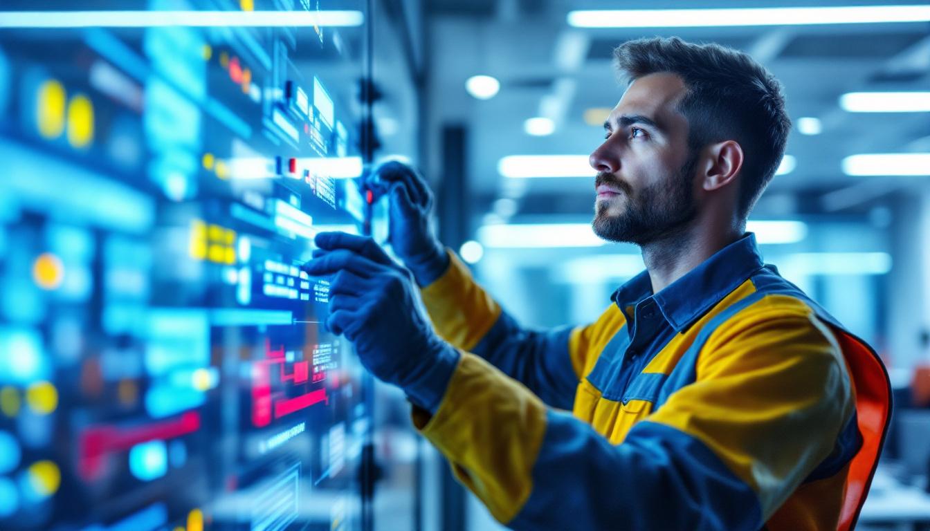 A photograph of a lighting contractor intently adjusting a sophisticated commercial lighting control system in a modern office space