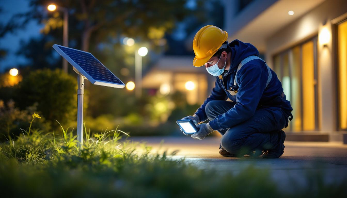 A photograph of a well-lit outdoor space showcasing solar-powered flood lights in action
