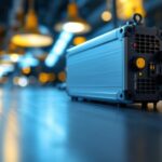 A photograph of a close-up of a modern lighting ballast alongside various types of light fixtures in a well-lit installation setting