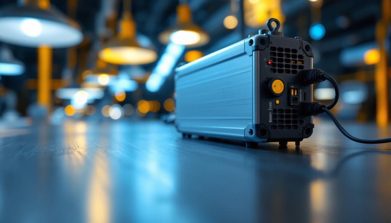A photograph of a close-up of a modern lighting ballast alongside various types of light fixtures in a well-lit installation setting