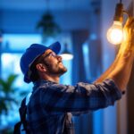 A photograph of a skilled lighting contractor at work