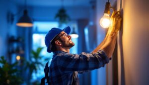 A photograph of a skilled lighting contractor at work