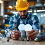 A photograph of a lighting contractor examining various bulb base sizes in a well-lit workshop