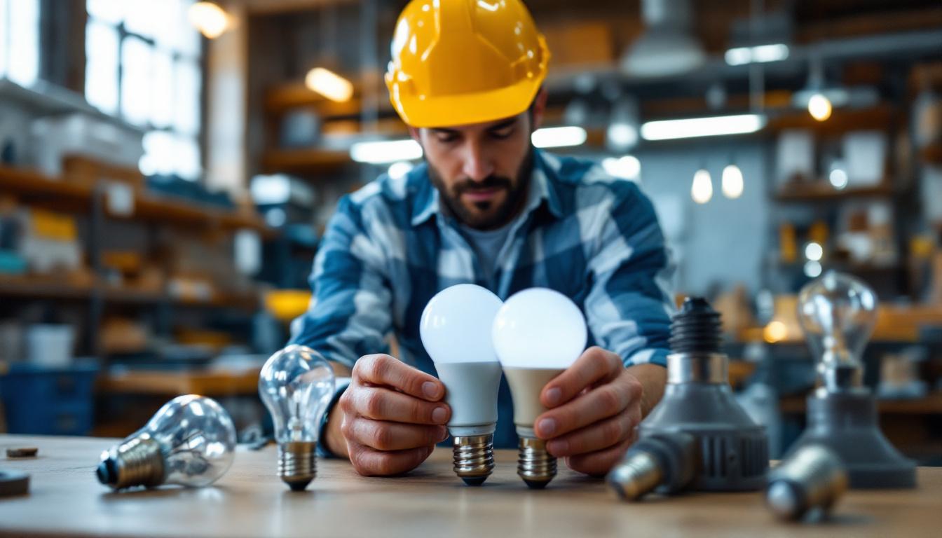 A photograph of a lighting contractor examining various bulb base sizes in a well-lit workshop