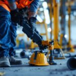 A photograph of a lighting contractor inspecting foot tubes on a construction site