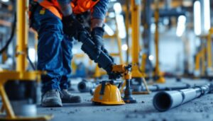 A photograph of a lighting contractor inspecting foot tubes on a construction site