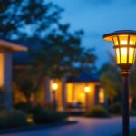A photograph of a beautifully illuminated solar lamp post in a residential or commercial outdoor setting during twilight