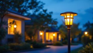 A photograph of a beautifully illuminated solar lamp post in a residential or commercial outdoor setting during twilight