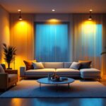 A photograph of a beautifully designed interior space illuminated by warm