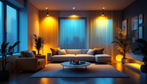 A photograph of a beautifully designed interior space illuminated by warm