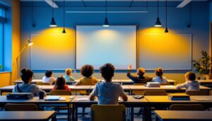 A photograph of a well-lit classroom featuring various lamp designs and lighting solutions