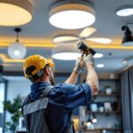 A photograph of a lighting contractor installing modern ceiling lights in a stylish interior space