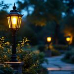 A photograph of a beautifully designed garden lamp pole illuminated at dusk