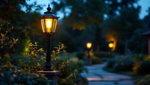 A photograph of a beautifully designed garden lamp pole illuminated at dusk