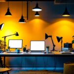 A photograph of a well-lit workspace featuring a variety of lighting setups