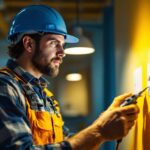 A photograph of a lighting contractor working in a well-lit environment