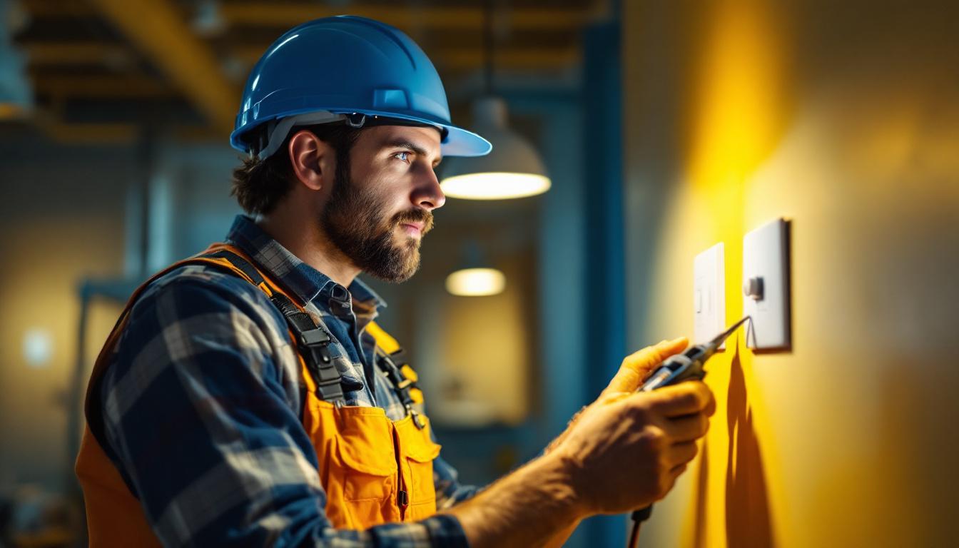 A photograph of a lighting contractor working in a well-lit environment
