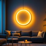 A photograph of a stylish circle pendant lamp illuminated in a modern interior setting