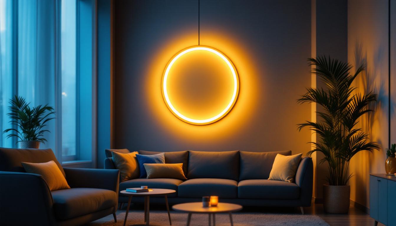 A photograph of a stylish circle pendant lamp illuminated in a modern interior setting