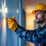 A photograph of a skilled lighting contractor installing a 12-volt movement sensor in a residential or commercial setting