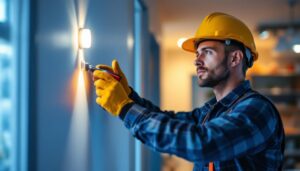 A photograph of a skilled lighting contractor installing a 12-volt movement sensor in a residential or commercial setting