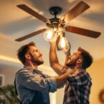 A photograph of a skilled lighting contractor installing a stylish light fixture on a ceiling fan in a modern home setting